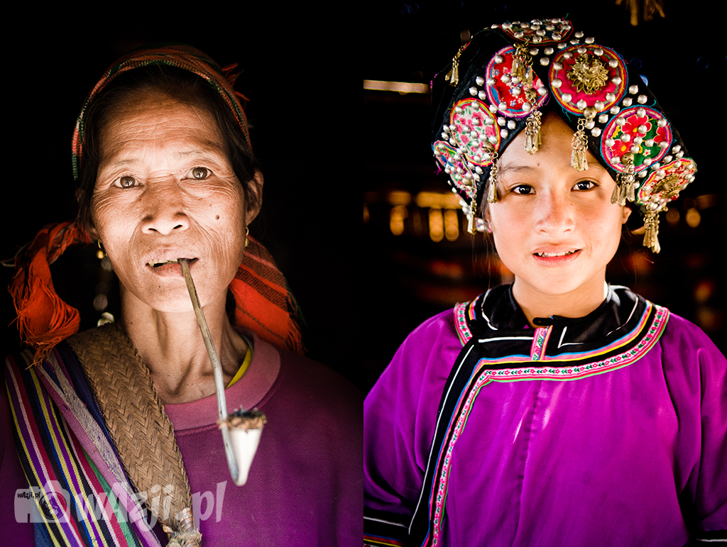 Od lewej: Portret kobiety Khamu z wioski w okolicy Luang Prabang. Od prawej: dziewczyna z ludu Lolo.
